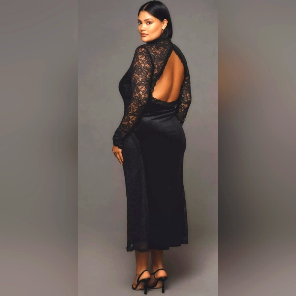 Nwt ANTHROPOLOGIE Elegant Black Lace Open-Back Dress- LARGE - Picture 2 of 14